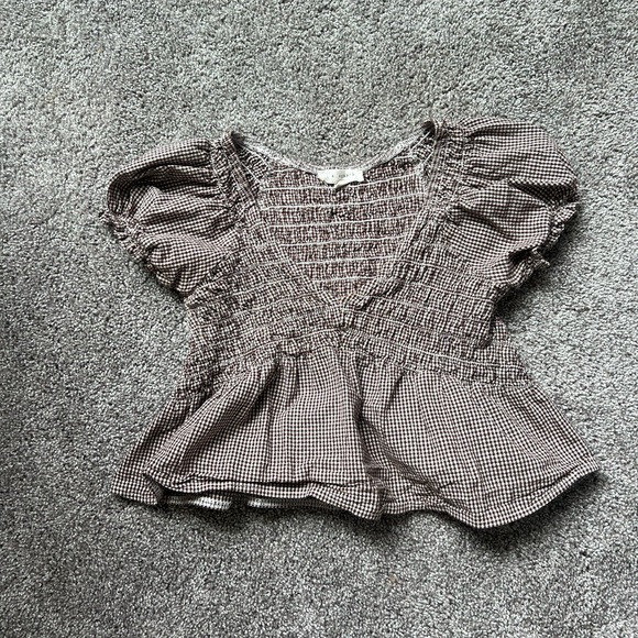 PACSUN PLAID BROWN-WHITE BABY DOLL TOP WITH PUFFY SLEEVES (size small) - Picture 2 of 3